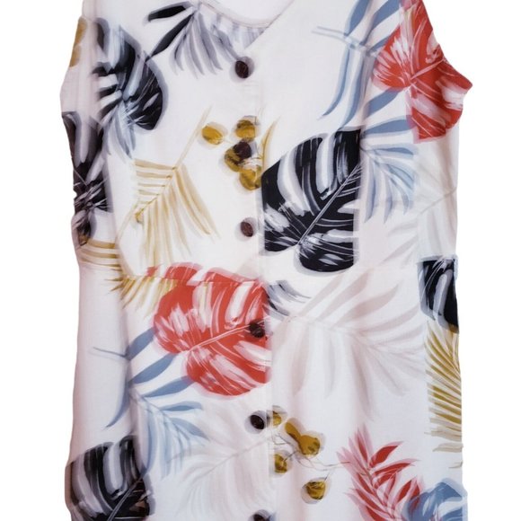 Monteau Linen Blend Palm Pattern Sundress Large Natural Beige Multicolor Dress - Picture 4 of 13